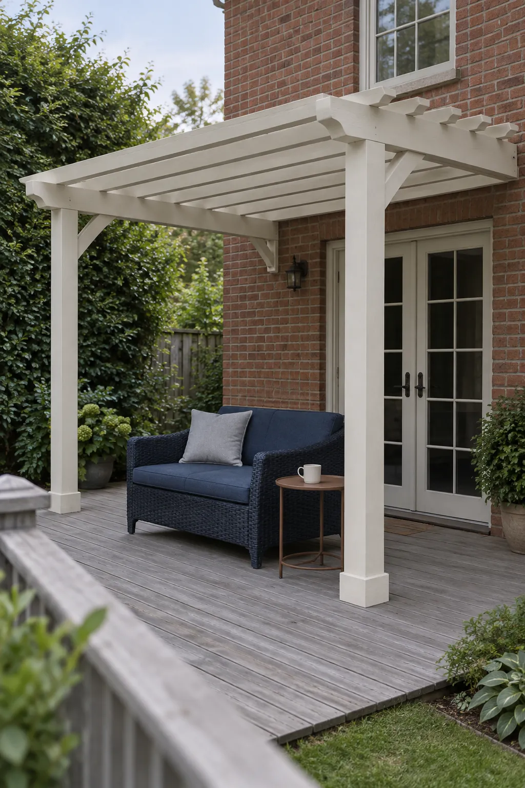 A pale frame on a shaded back deck beneath an attached deck pergola