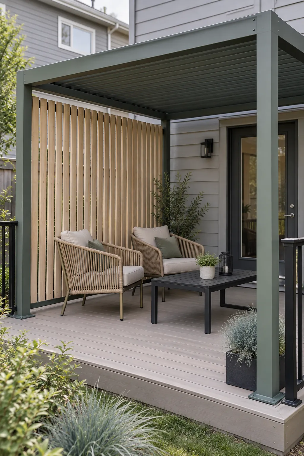 A privacy panel beside the neighboring view beneath an attached deck pergola