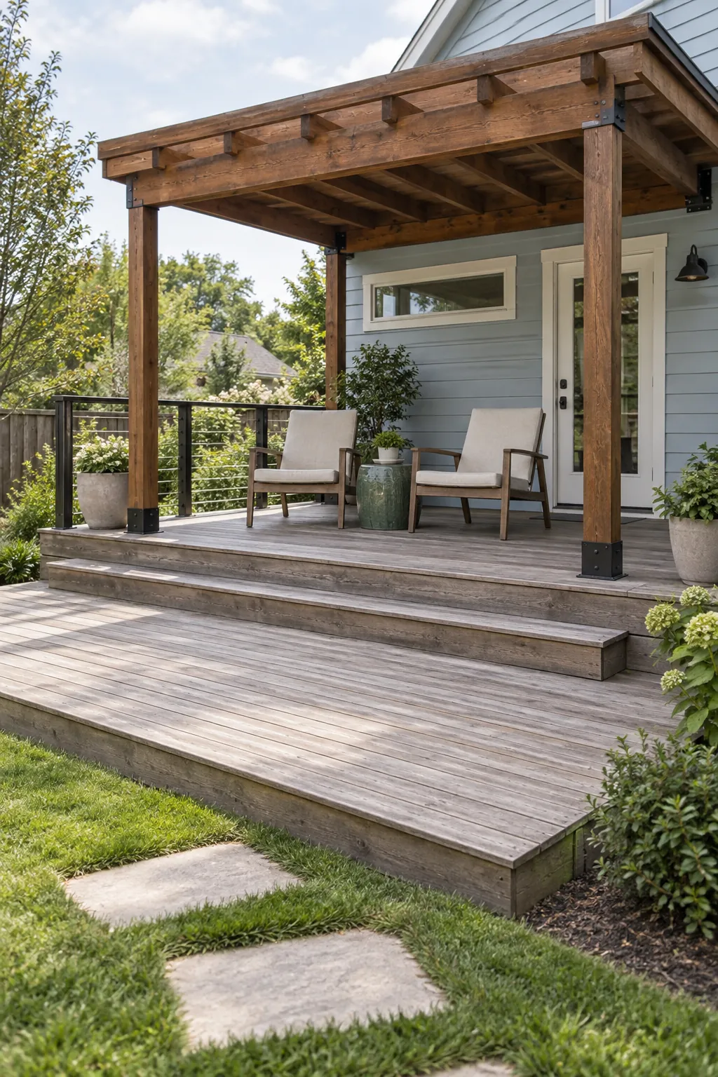 An attached canopy over one deck level beneath an attached deck pergola