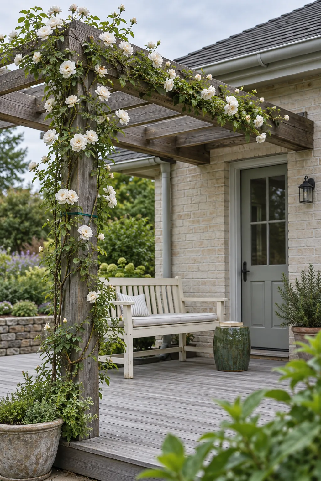 A planted beam without a crowded roof beneath an attached deck pergola