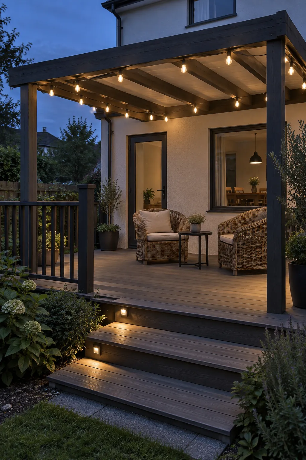 A lighting plan that follows the beams beneath an attached deck pergola