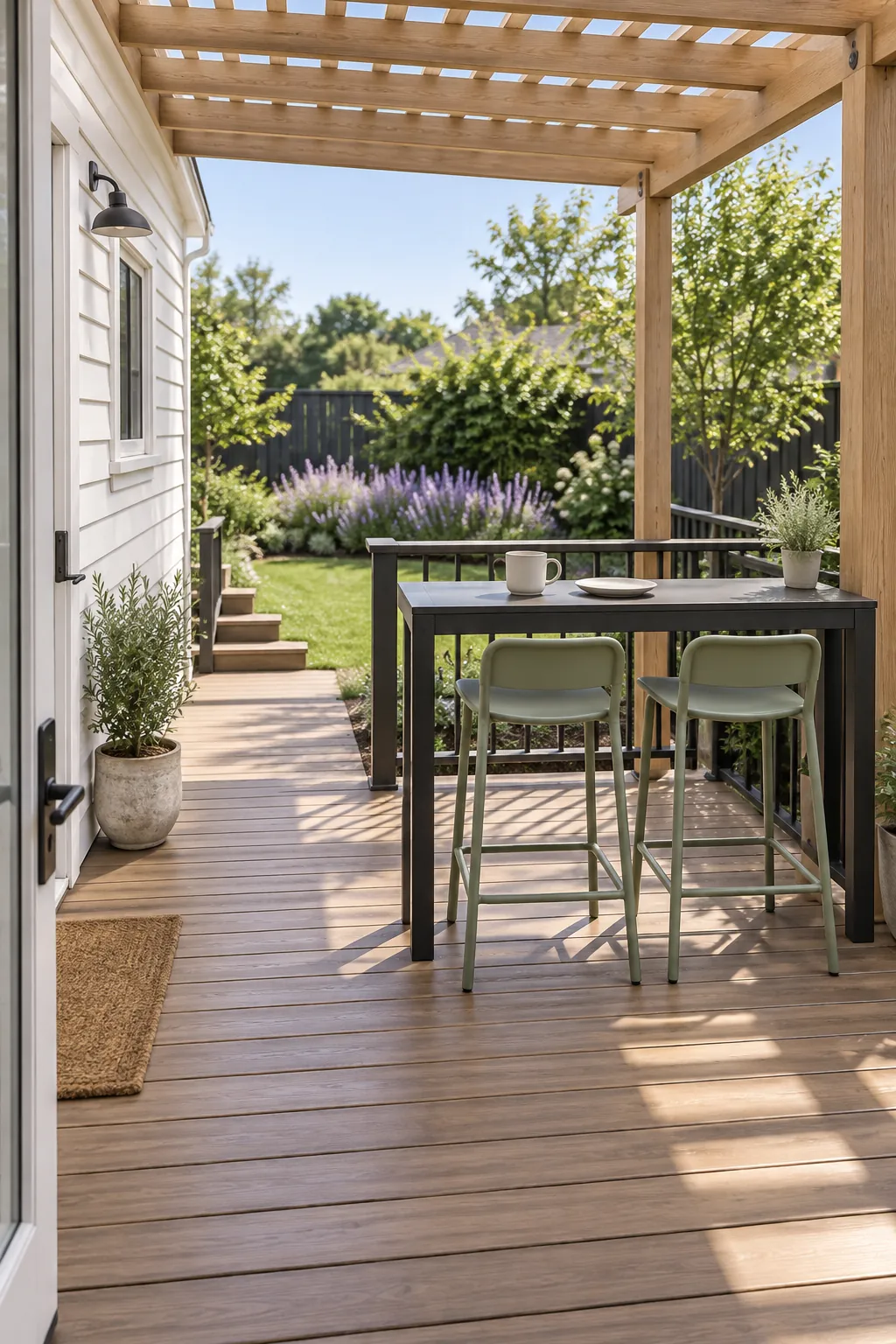 A small breakfast bar facing the garden beneath an attached deck pergola