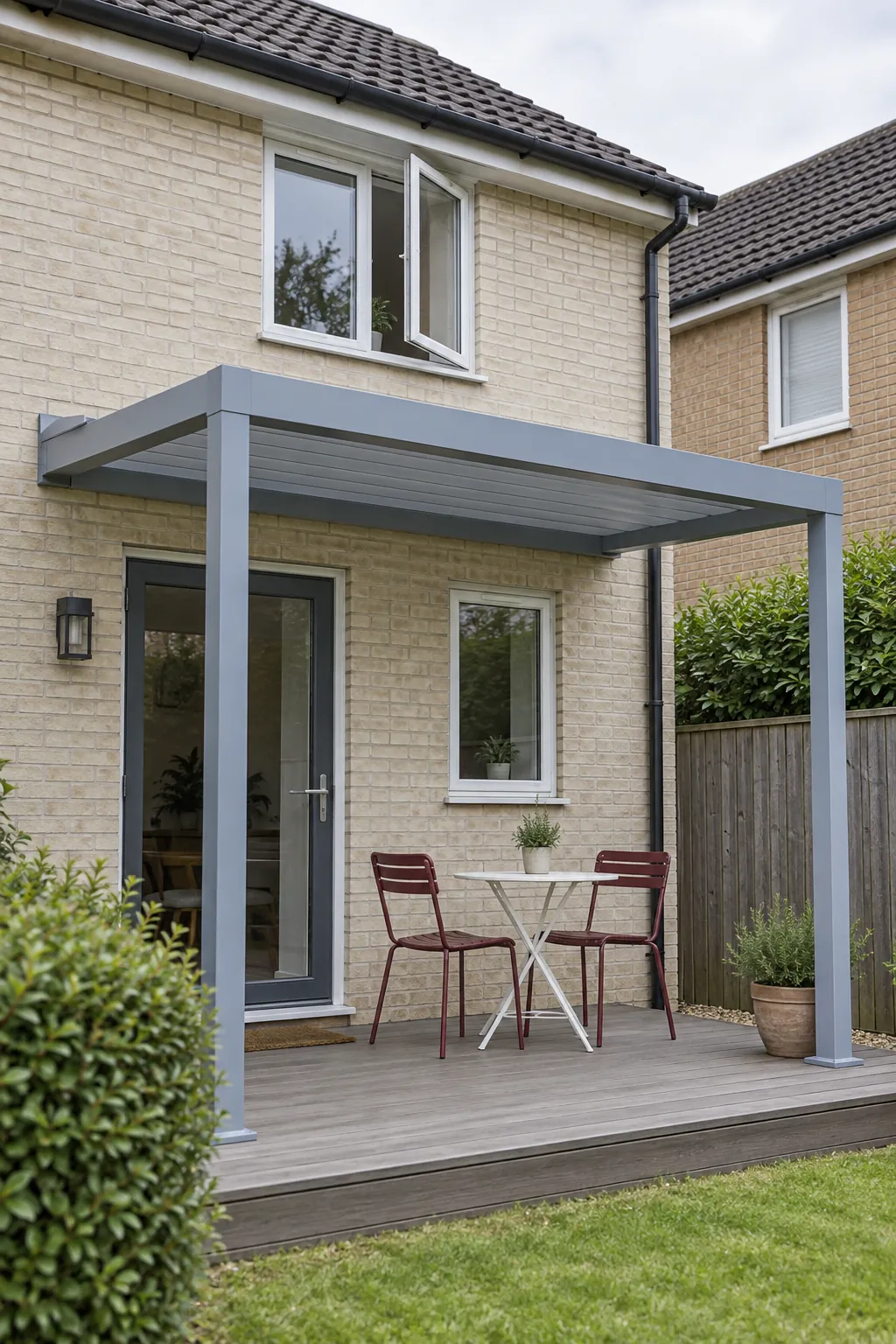 A canopy that leaves upper windows clear beneath an attached deck pergola