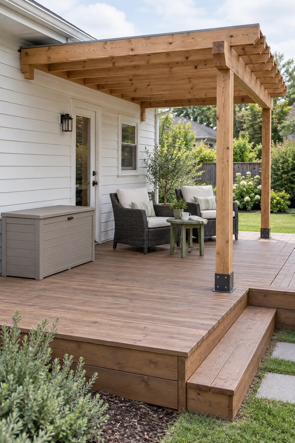 A table zone with storage close by beneath an attached deck pergola