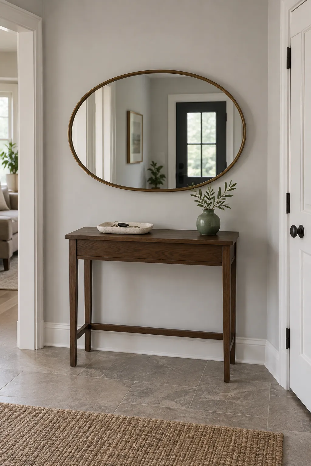 Wide mirror centered above a smaller console with restrained useful accessories