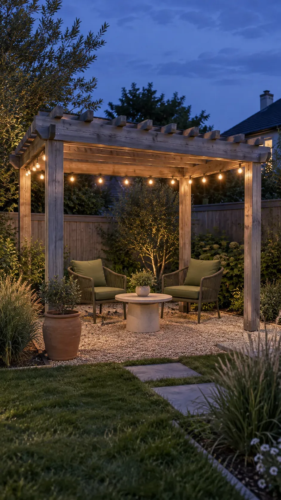 Compact timber pergola with warm white lights and olive outdoor chairs at twilight