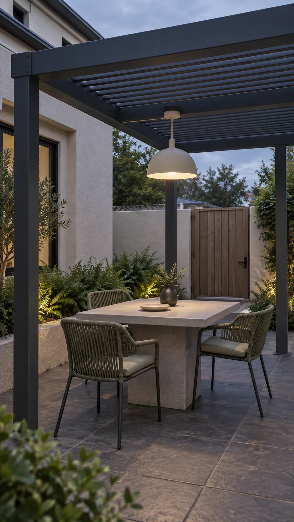 A pendant over the center of a meal space in a compact outdoor pergola setting