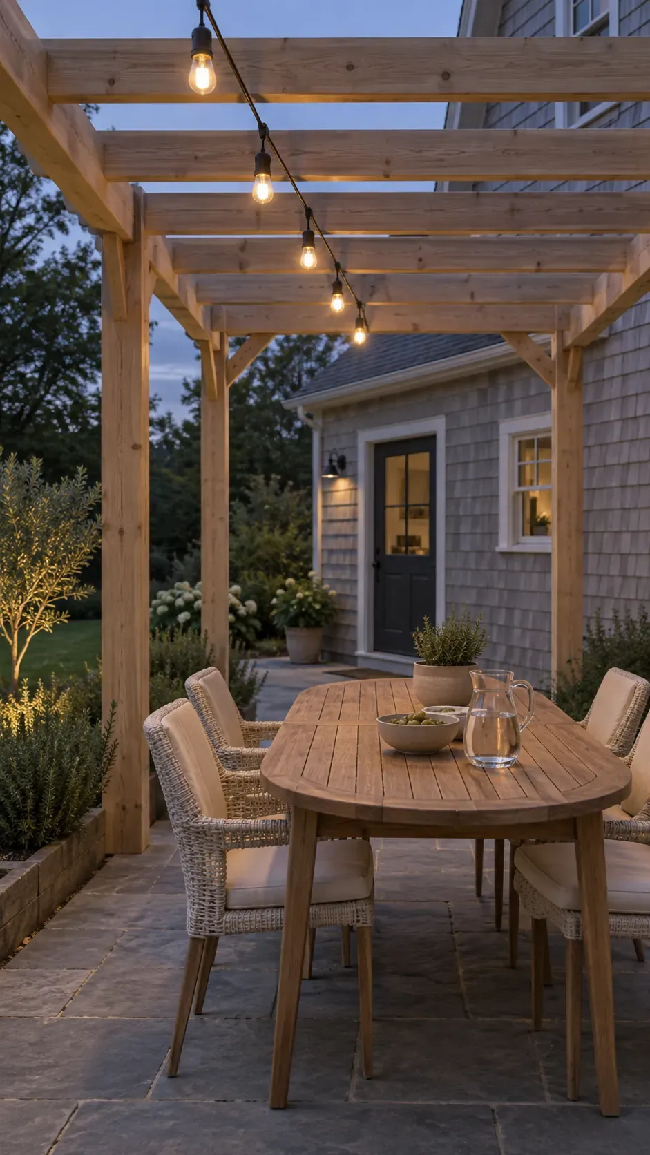 A single overhead strand above a dining table in a compact outdoor pergola setting