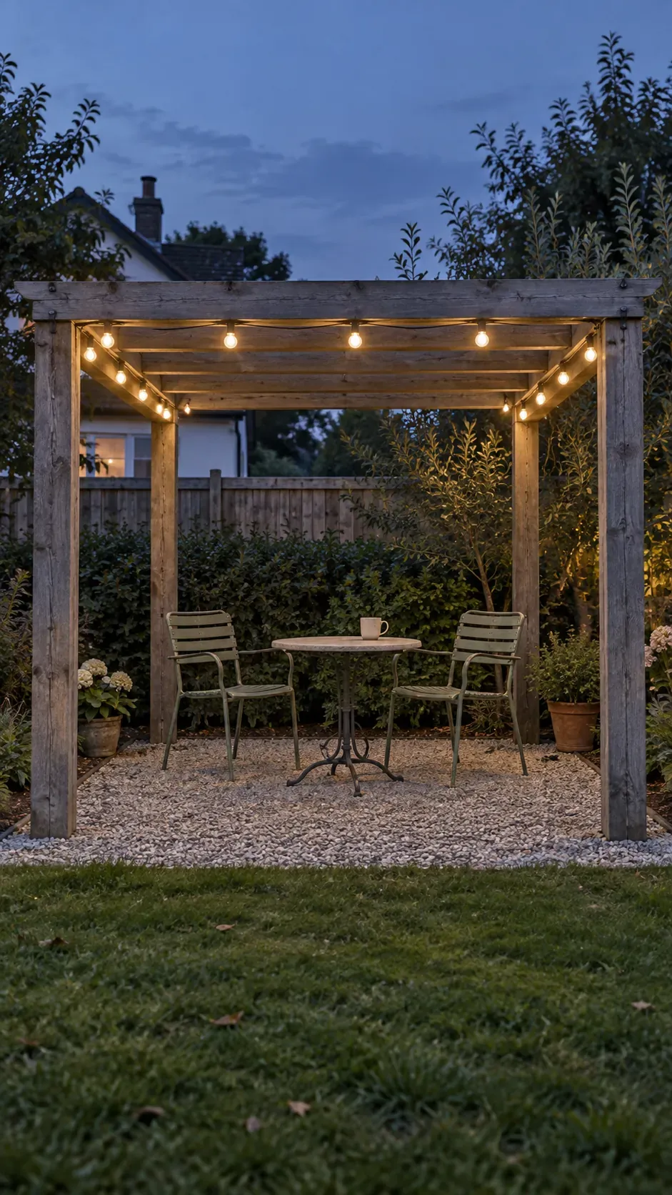 String lights following the outer beams in a compact outdoor pergola setting