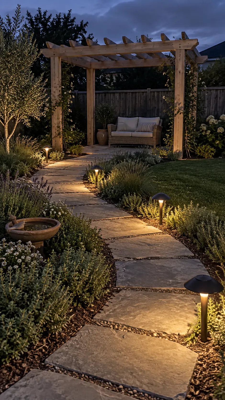 Low path lights approaching the pergola in a compact outdoor pergola setting