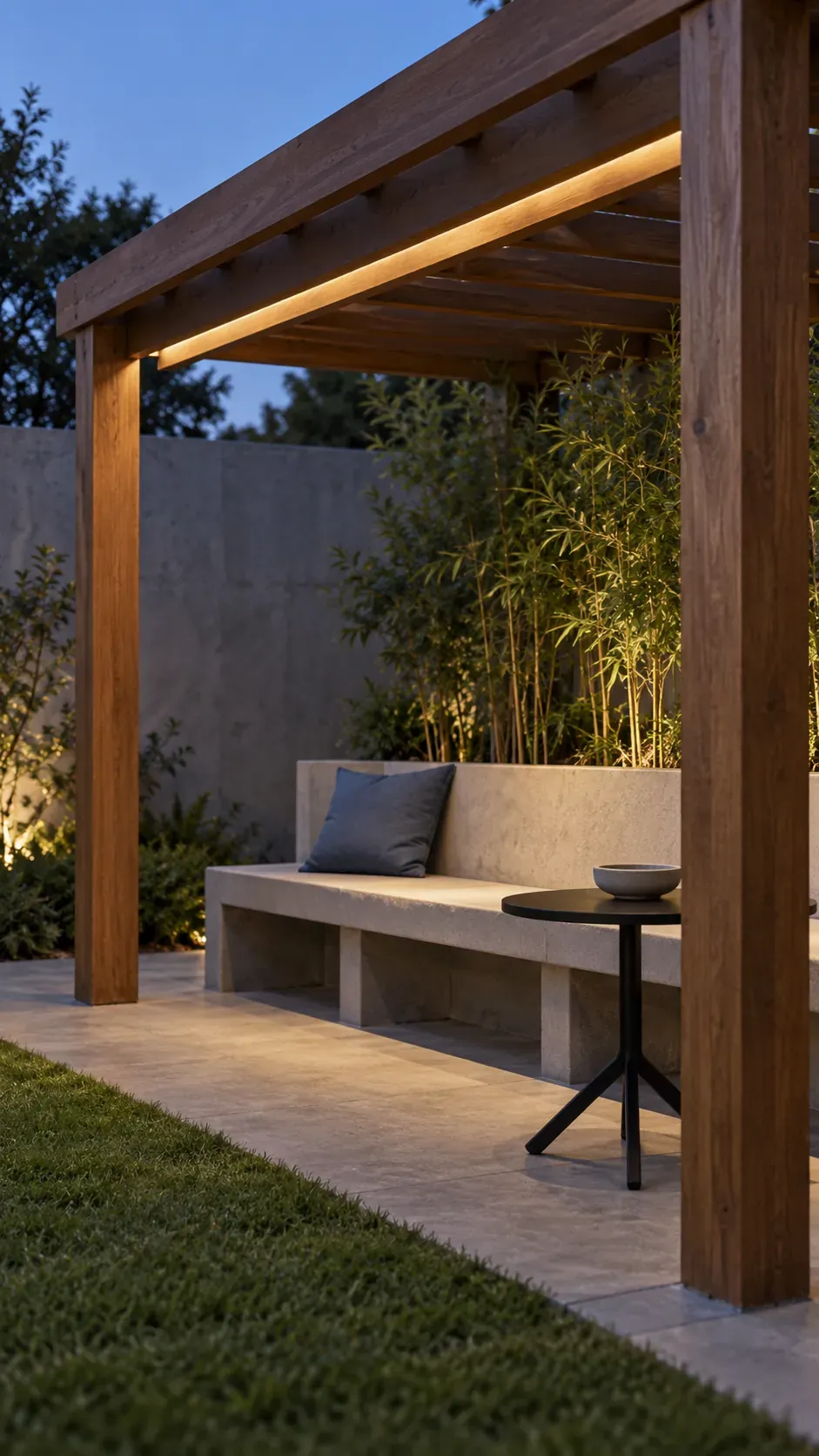 Concealed strips beneath a beam in a compact outdoor pergola setting