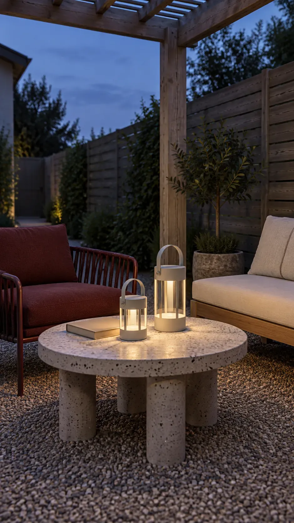 Battery lanterns on a low table in a compact outdoor pergola setting