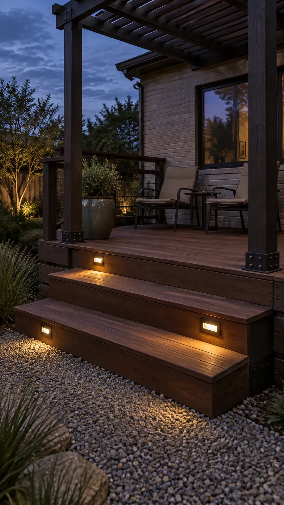 Step lighting on a pergola deck in a compact outdoor pergola setting