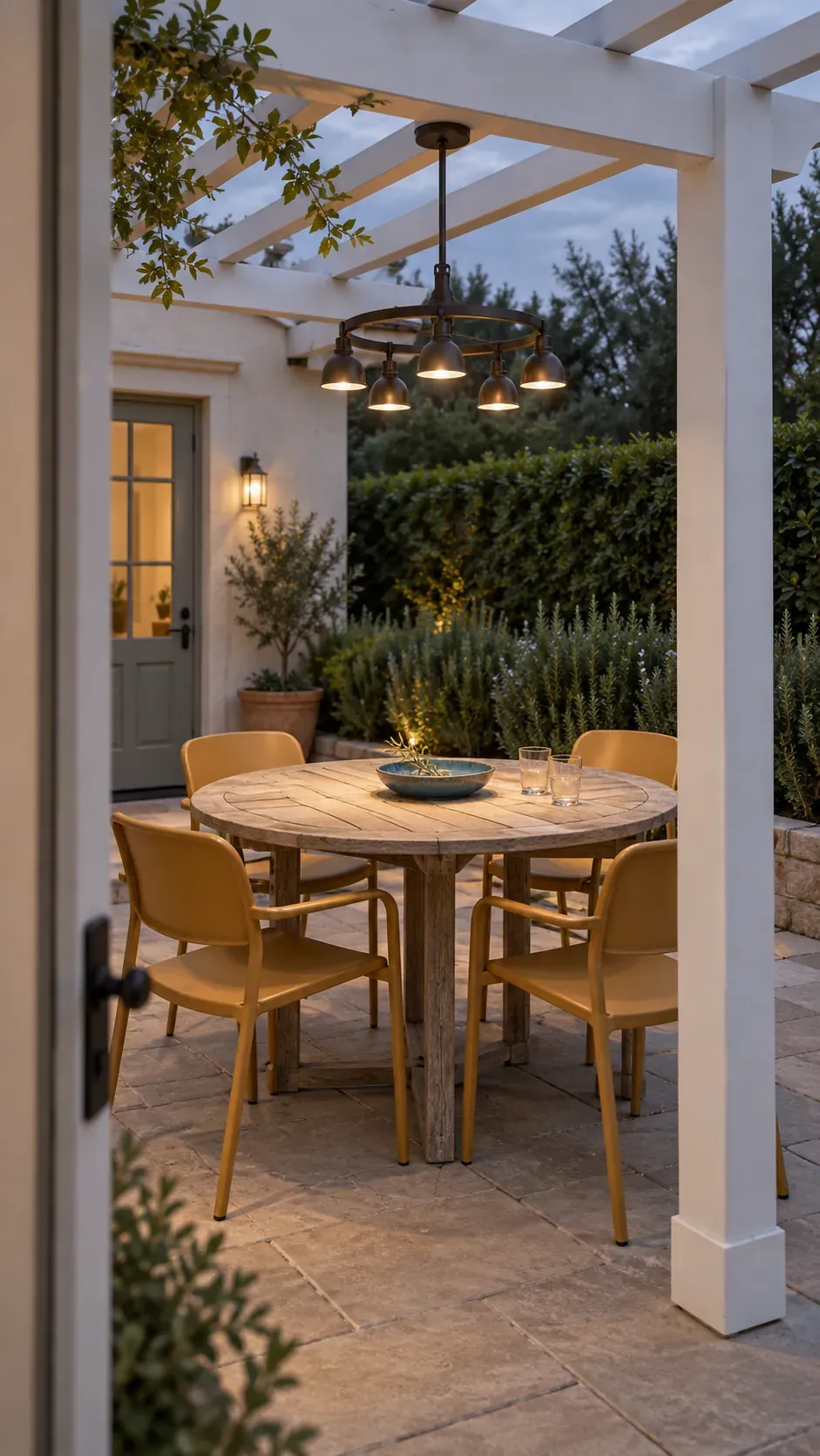 A small chandelier with outdoor suitability in a compact outdoor pergola setting