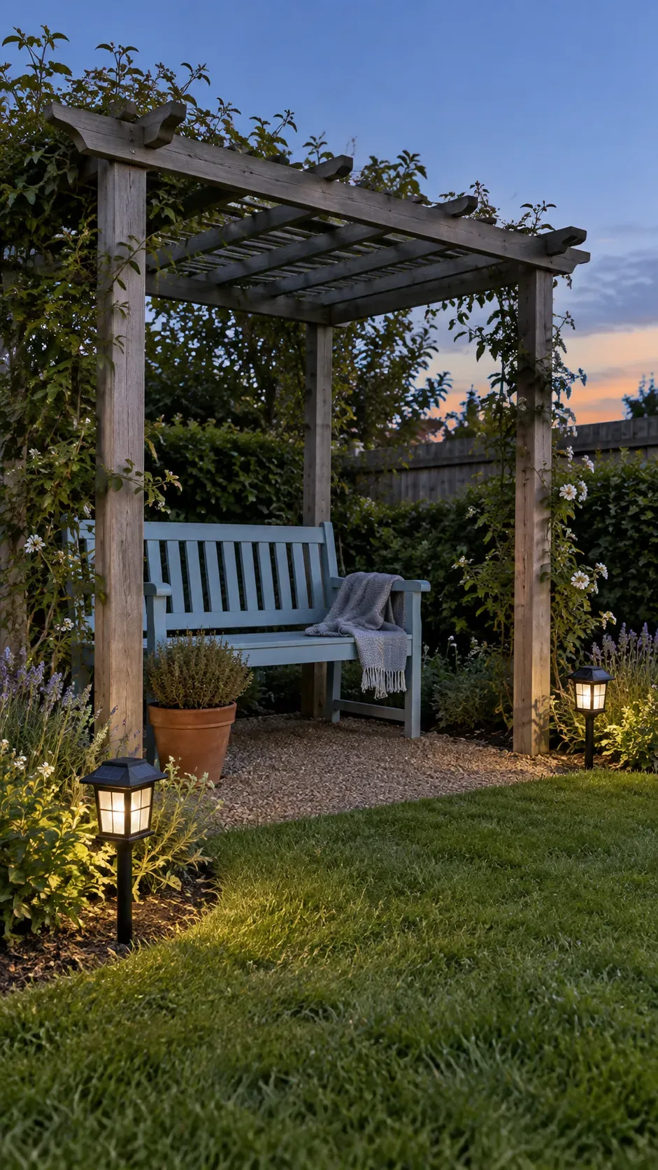 Solar lights for a garden seat in a compact outdoor pergola setting