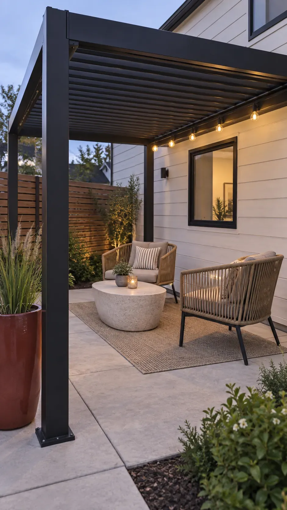Simple lighting on a dark metal frame in a compact outdoor pergola setting