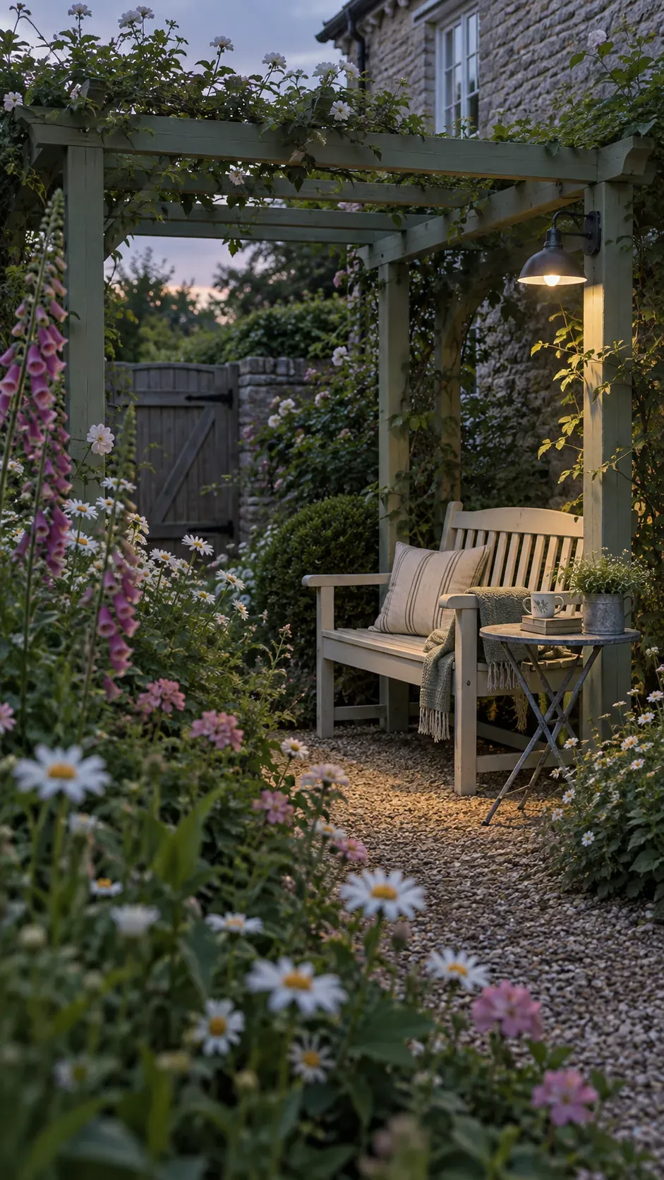Warm light in a cottage planting setting in a compact outdoor pergola setting