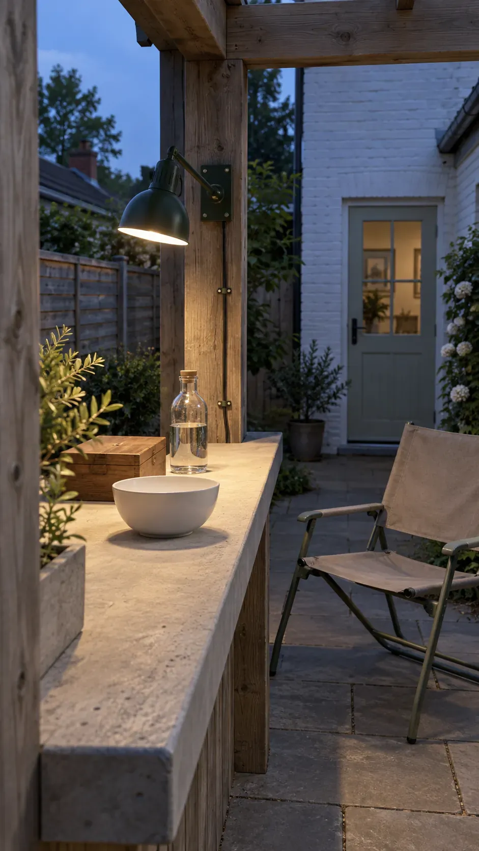 A task light near the outdoor serving area in a compact outdoor pergola setting