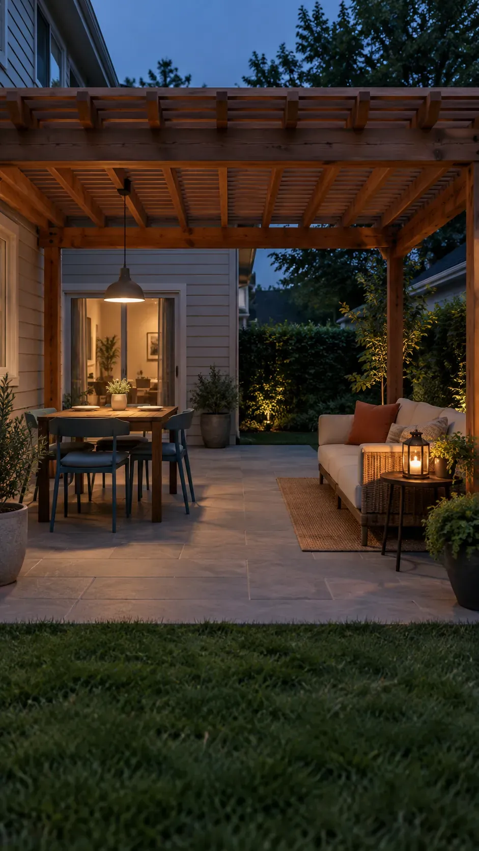 A dimmable dining and lounge setup in a compact outdoor pergola setting