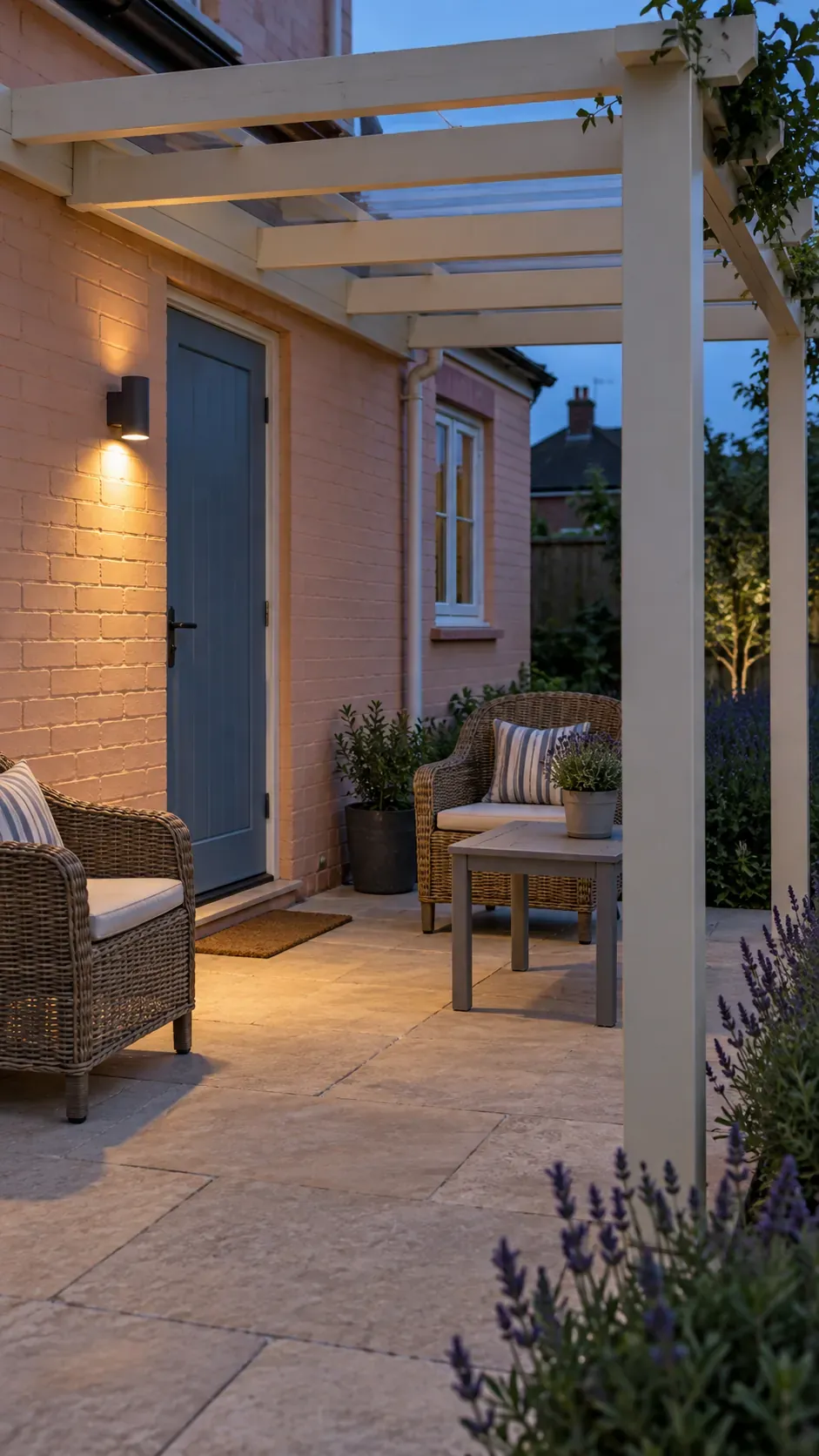 A wall light beside an attached pergola in a compact outdoor pergola setting