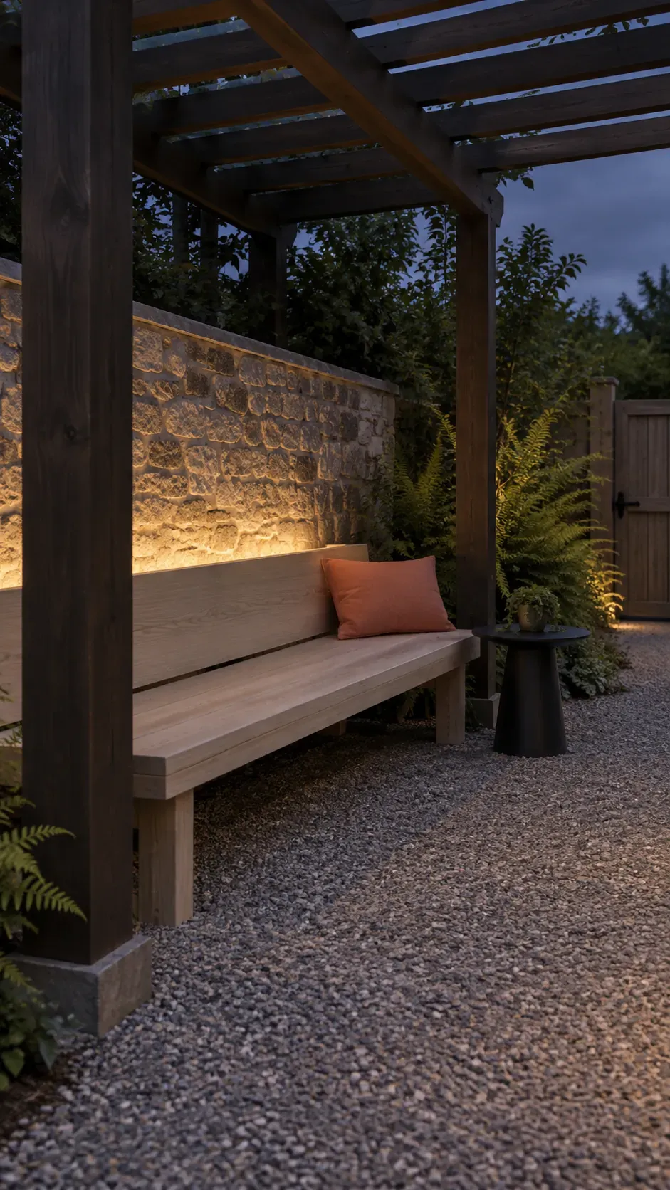 A subtle light behind a bench in a compact outdoor pergola setting