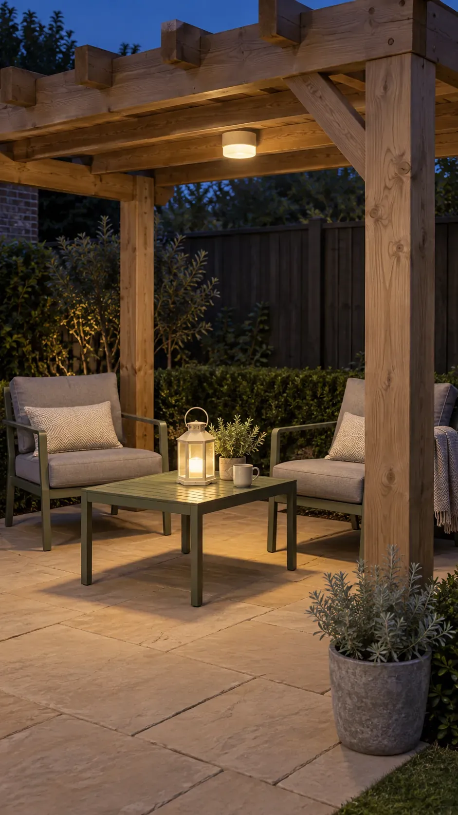 Consistent light color across the seating in a compact outdoor pergola setting