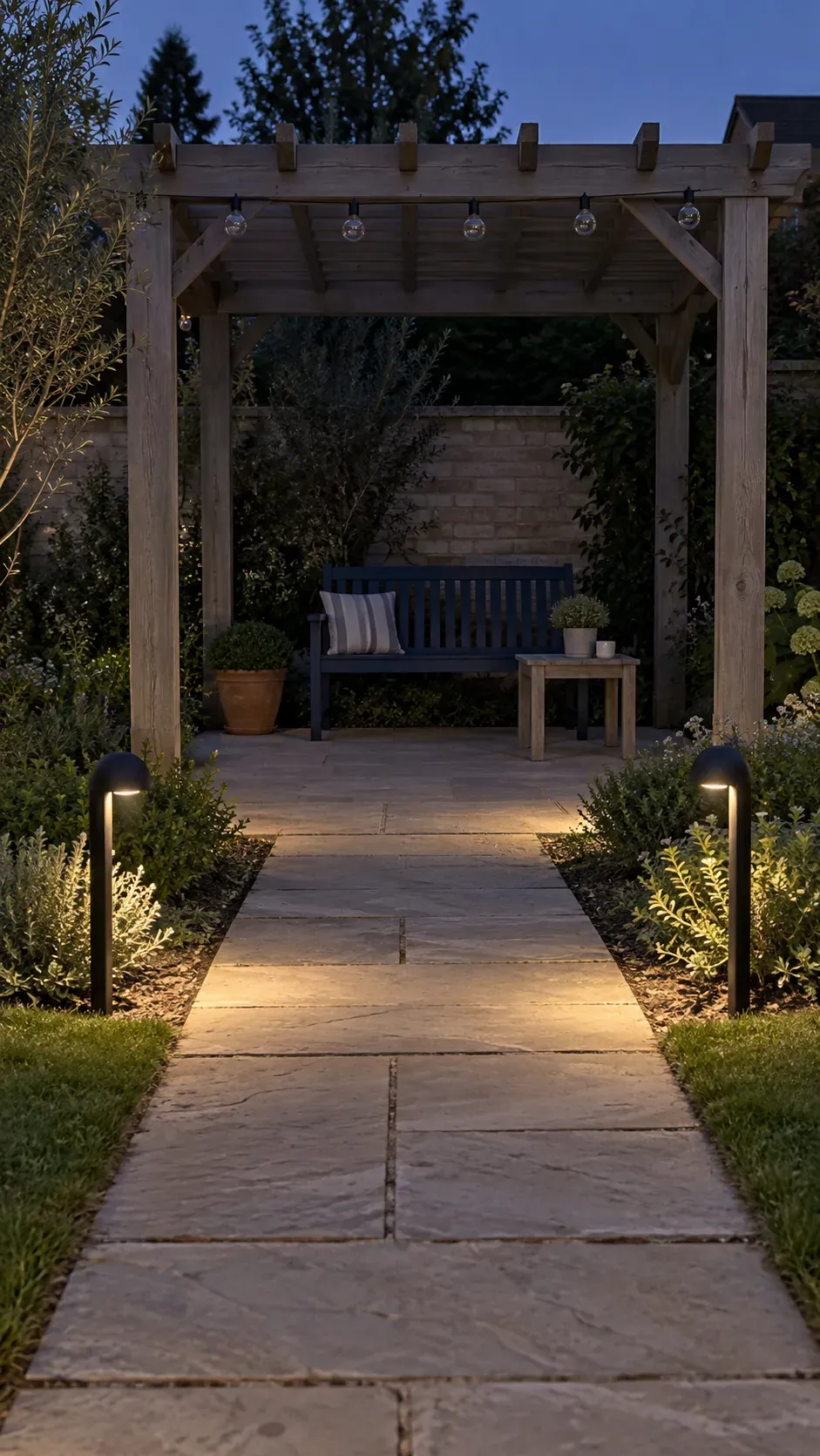 A clear route when the decorative lights are off in a compact outdoor pergola setting