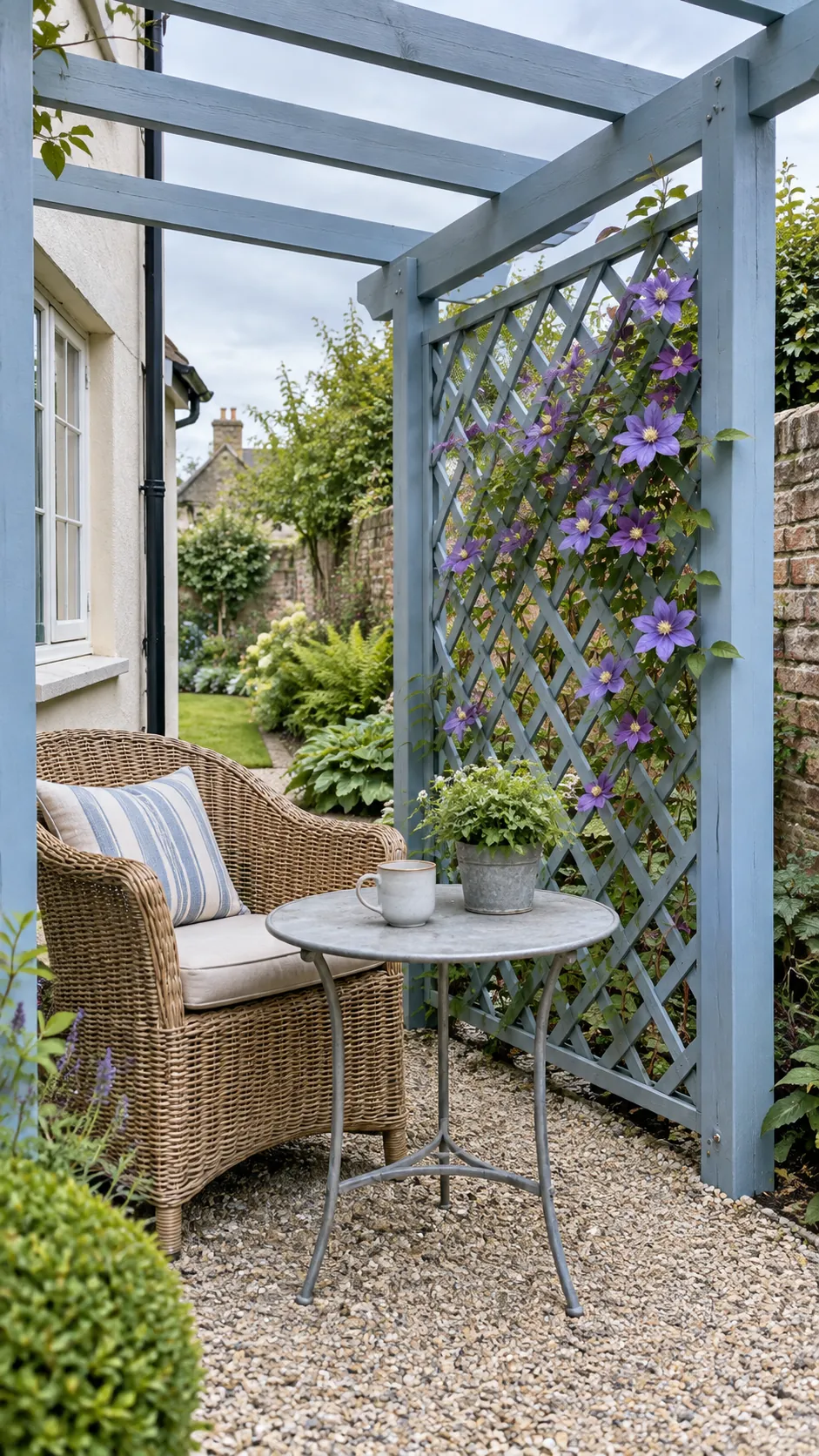 Clematis on a side trellis in a cottage garden pergola setting