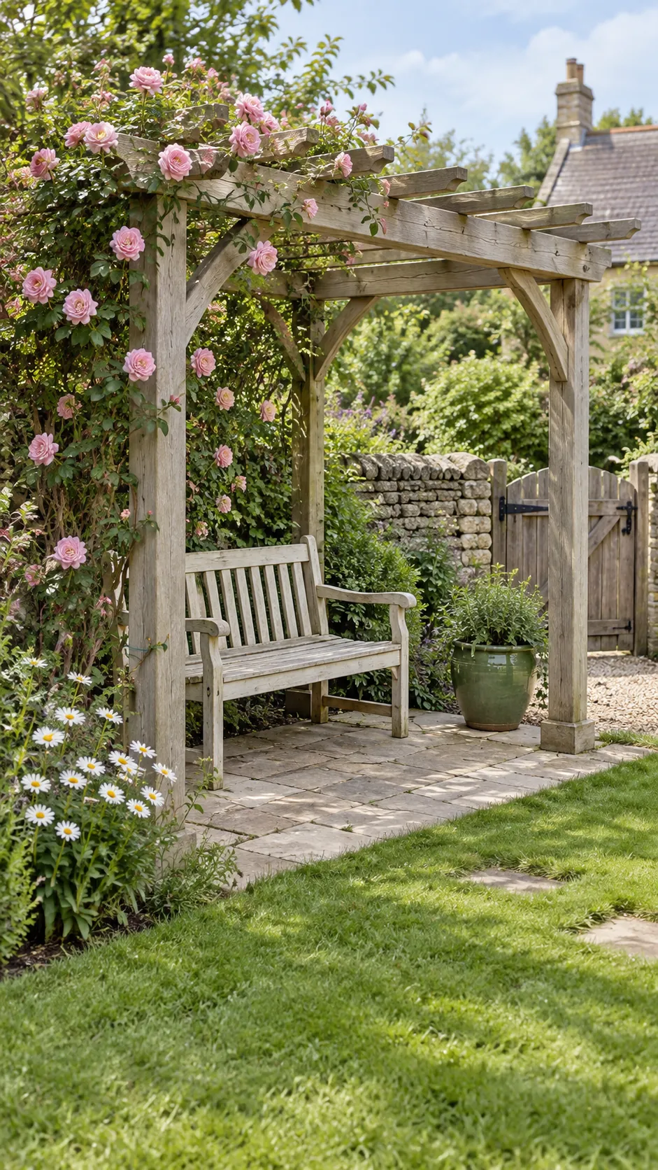 A rose covered sitting bay in a cottage garden pergola setting