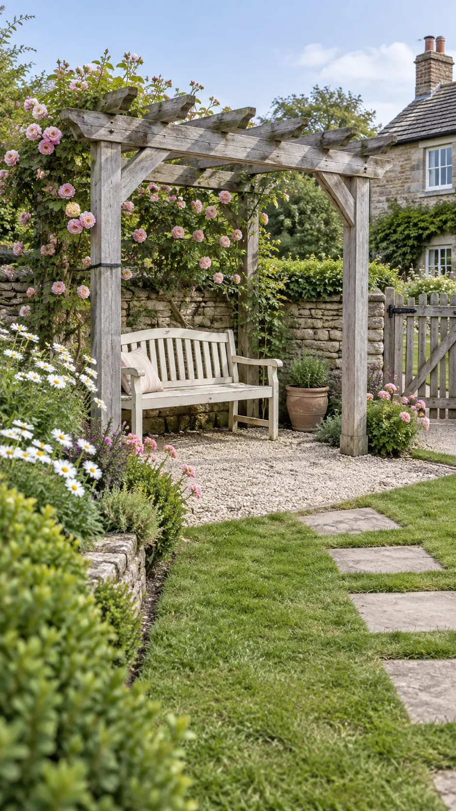 Timber pergola with a garden bench and loose cottage flower borders