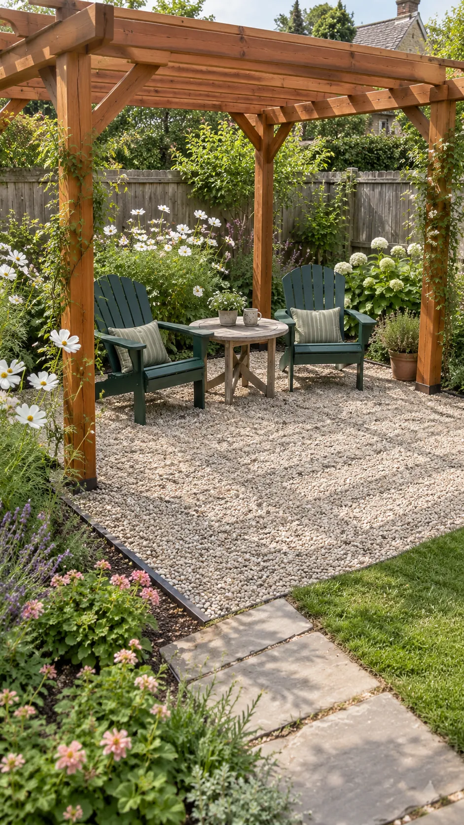 A gravel floor beside loose borders in a cottage garden pergola setting