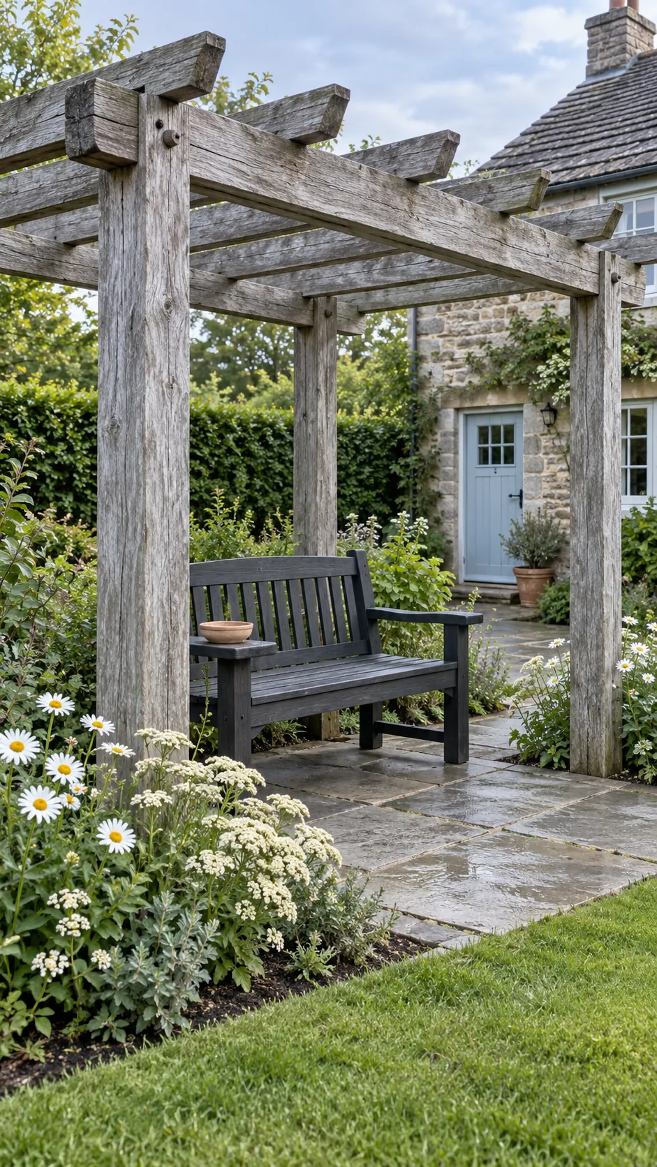 Weathered wood with pale flowers in a cottage garden pergola setting