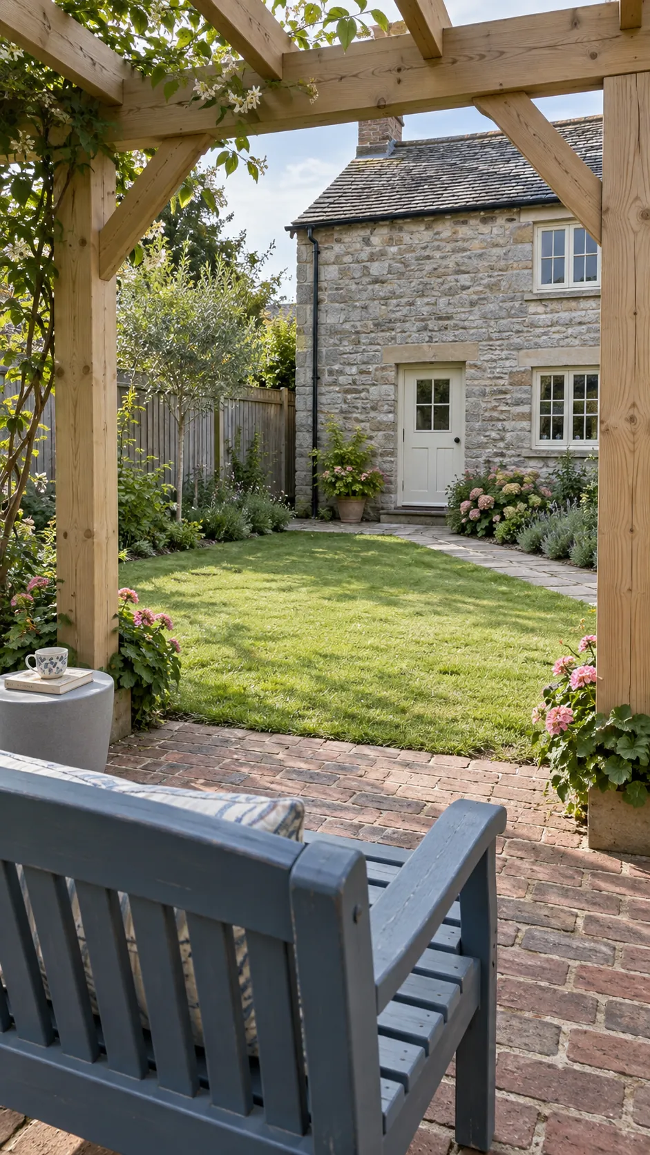 A bench looking back toward the house in a cottage garden pergola setting