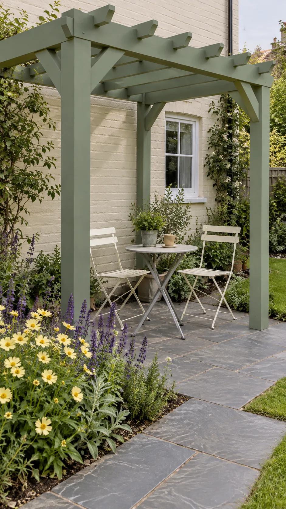 A painted frame as a garden accent in a cottage garden pergola setting