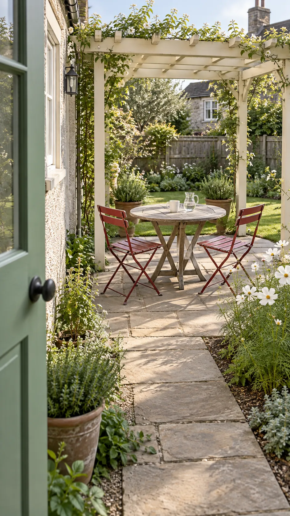 A small round table for morning tea in a cottage garden pergola setting