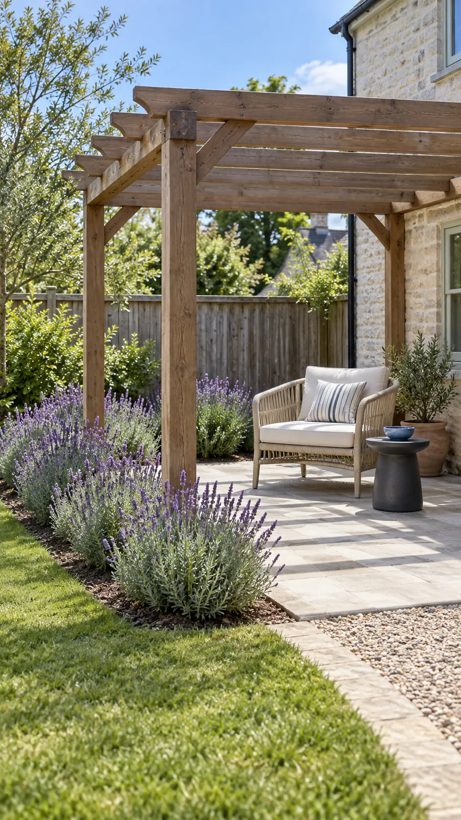 Lavender along a sunny outer edge in a cottage garden pergola setting