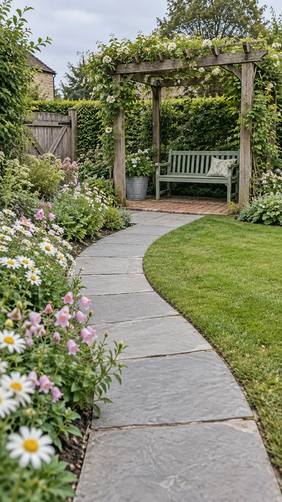 A pergola at the end of a curved path in a cottage garden pergola setting