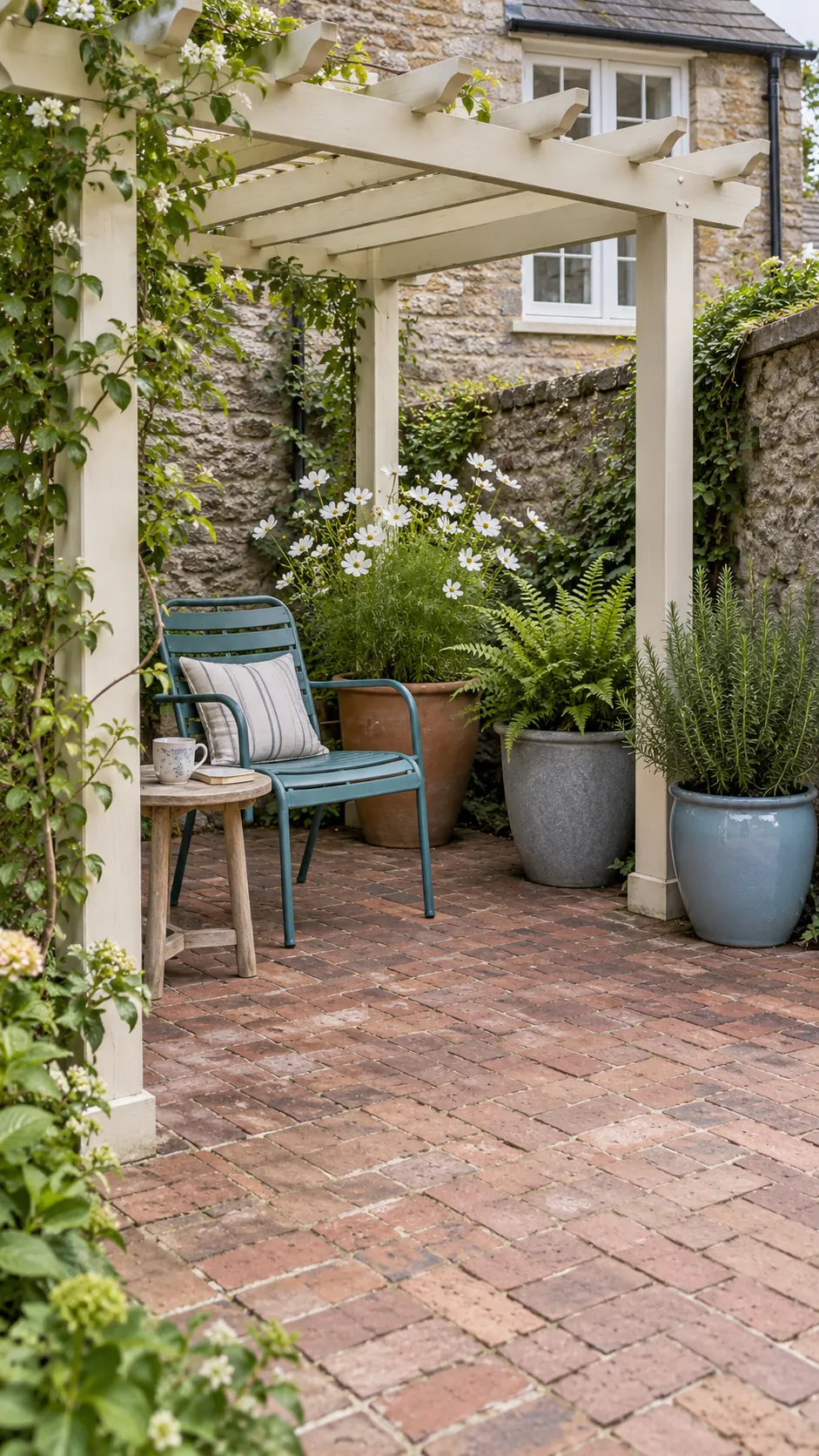 Containers around a compact frame in a cottage garden pergola setting