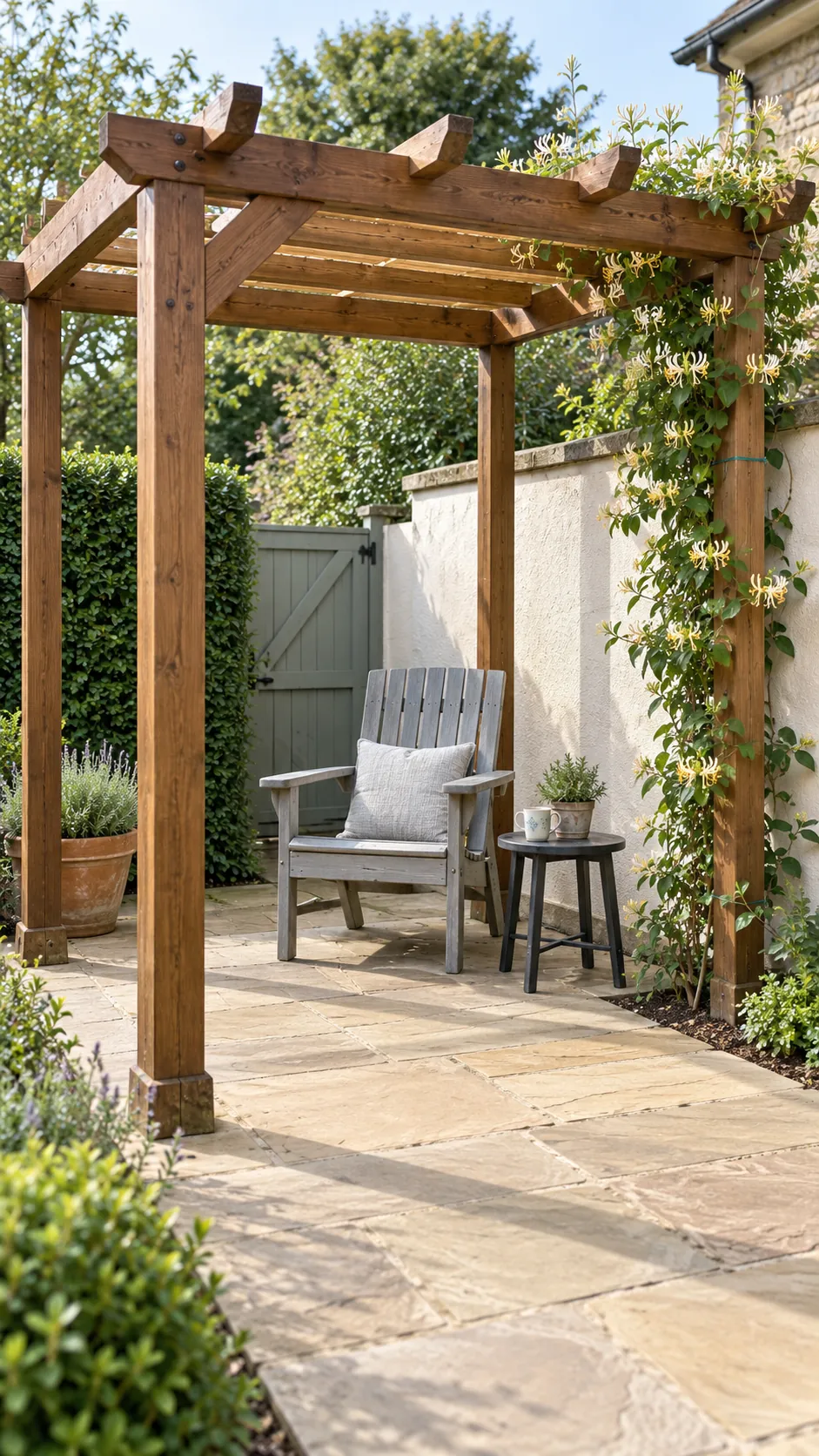 One climbing plant with room to grow in a cottage garden pergola setting