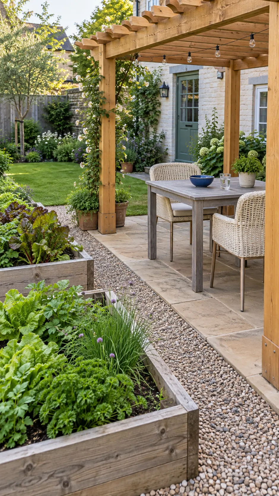 A dining space beside a kitchen garden in a cottage garden pergola setting