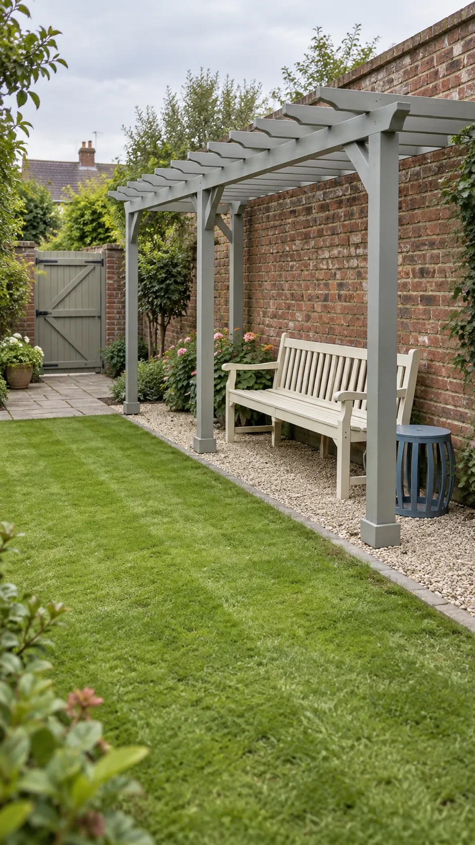 A narrow pergola along a garden boundary in a cottage garden pergola setting