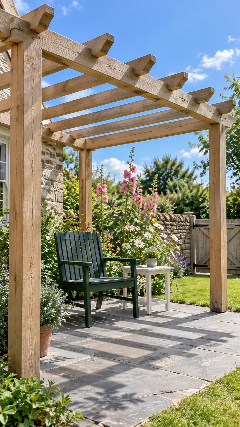 Open rafters above a flower border in a cottage garden pergola setting