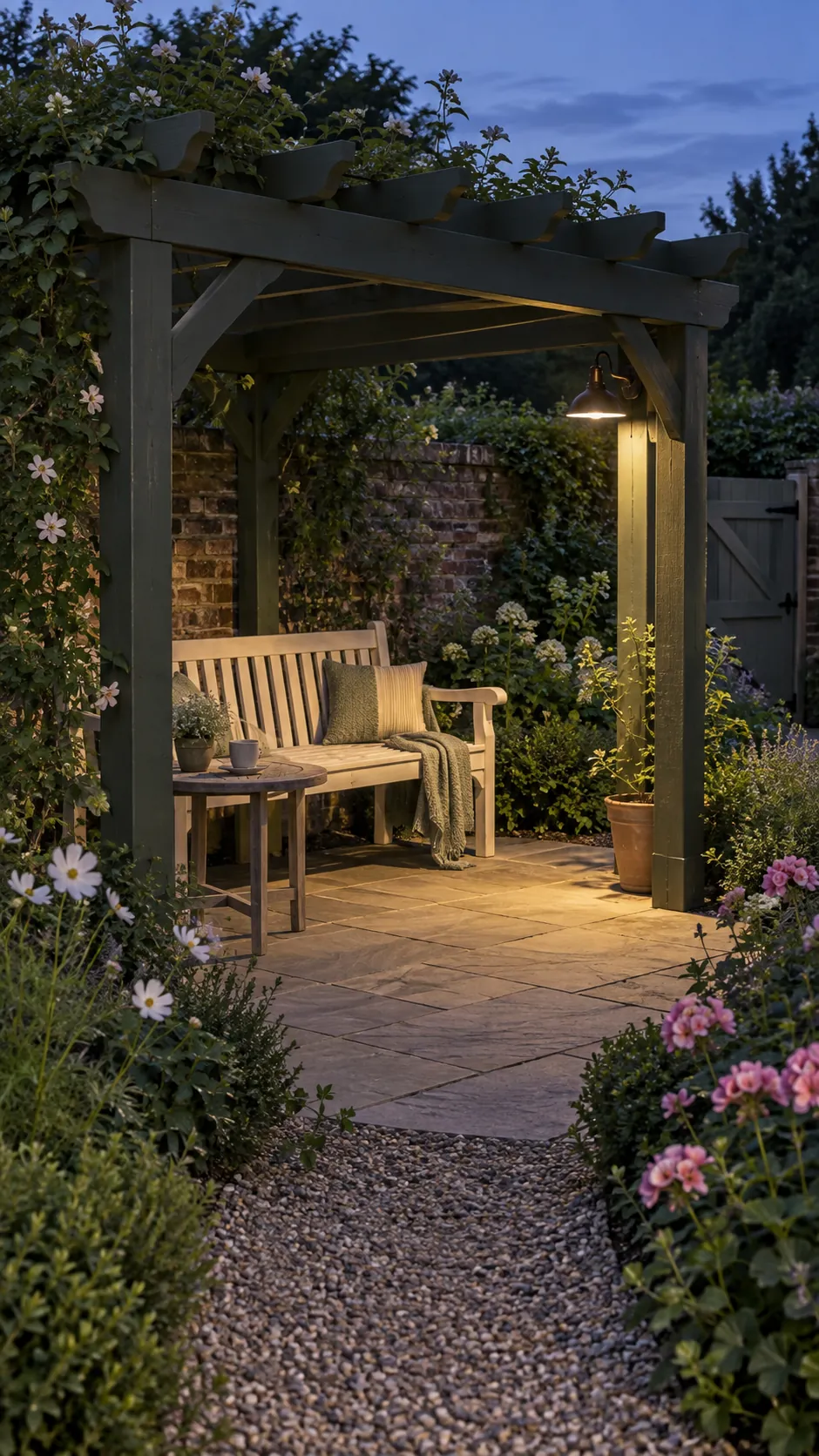 Soft evening light beside the seat in a cottage garden pergola setting