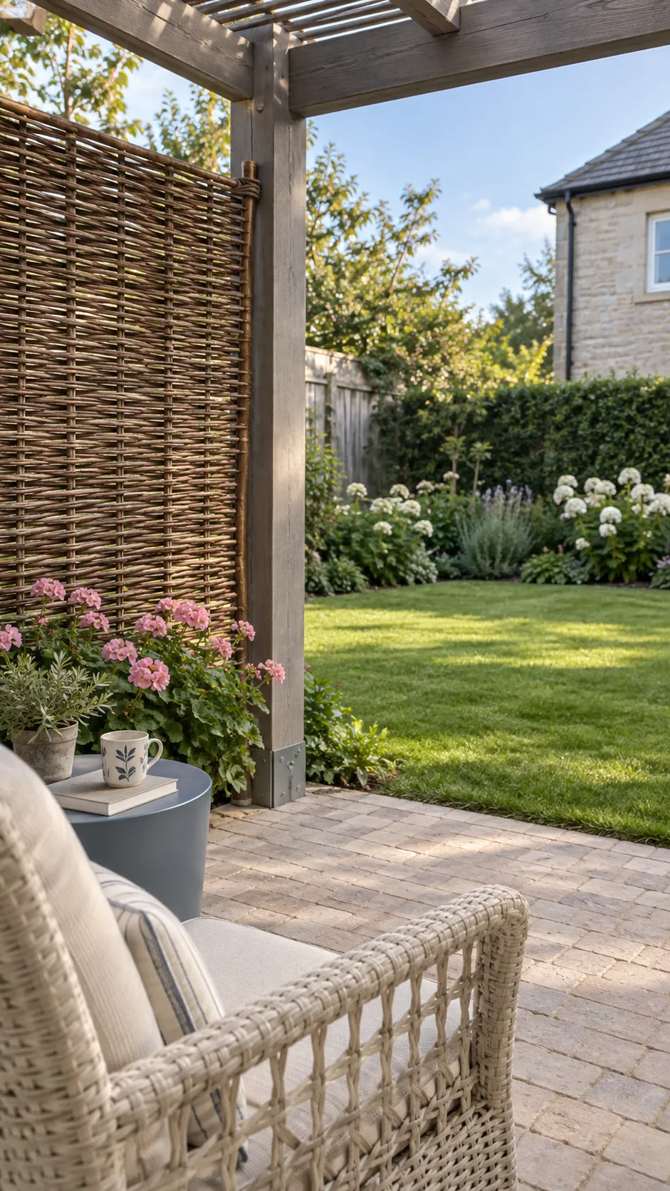 A sheltered corner with an open view in a cottage garden pergola setting