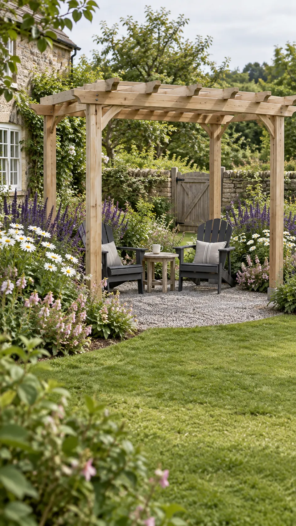 A planting palette with repeated colors in a cottage garden pergola setting