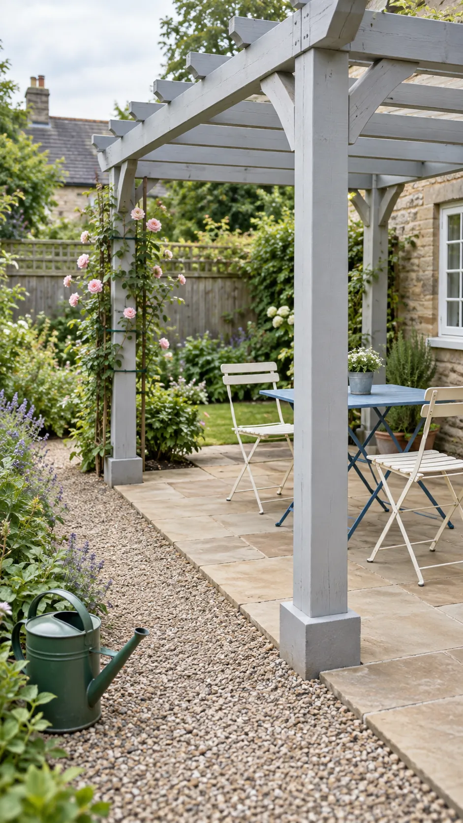 A clear maintenance route around the structure in a cottage garden pergola setting