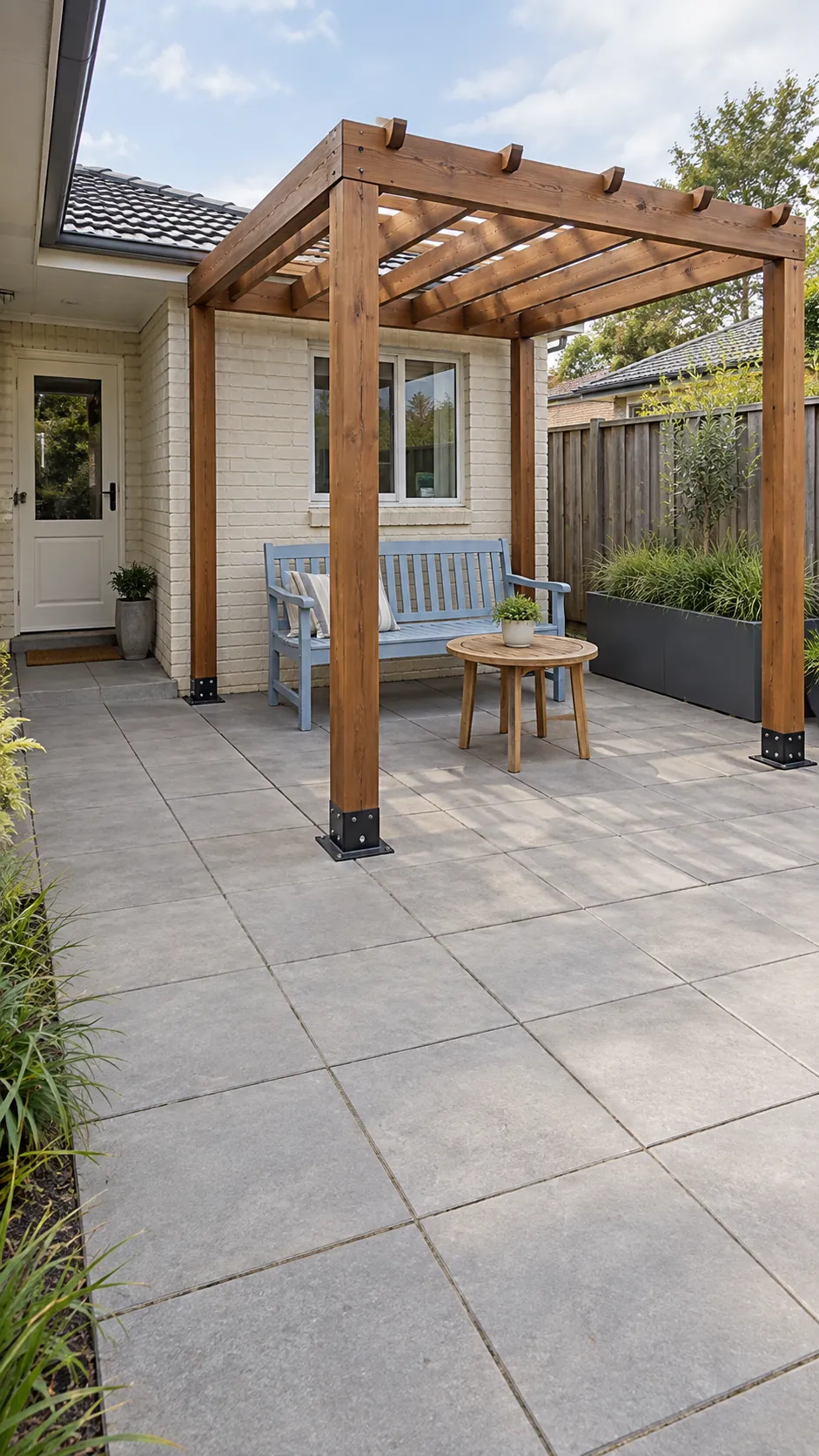 A square frame over an existing patio corner in a small corner pergola layout