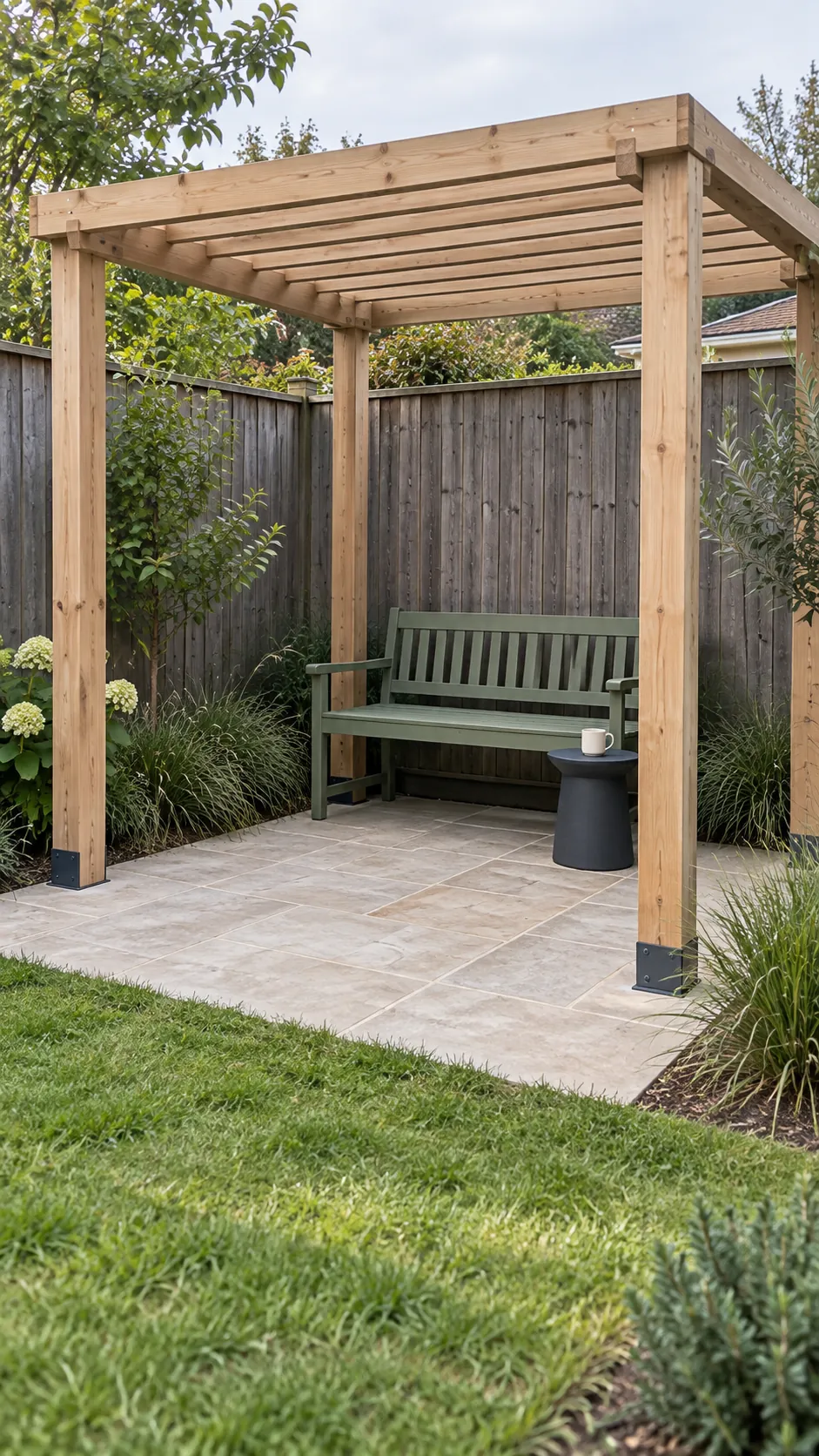 A bench along the rear edge in a small corner pergola layout