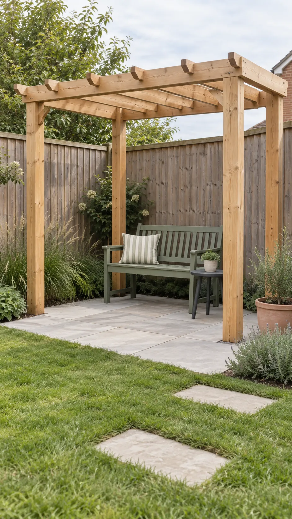 Small corner timber pergola with a bench and clear garden entrance