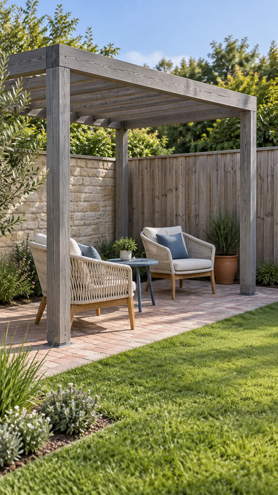 Two chairs angled toward the garden in a small corner pergola layout